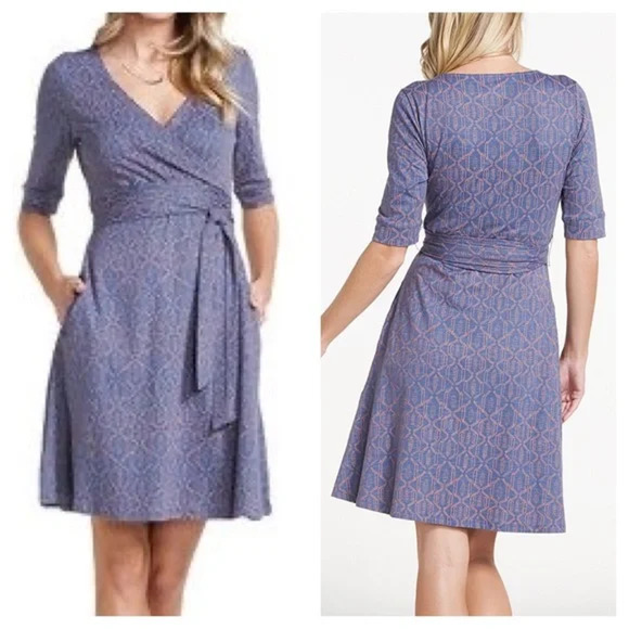 Toad&Co Dresses & Skirts - Toad & Co Cue Faux Wrap Cafe Dress Blueberry Batik Dot Women's Size XS